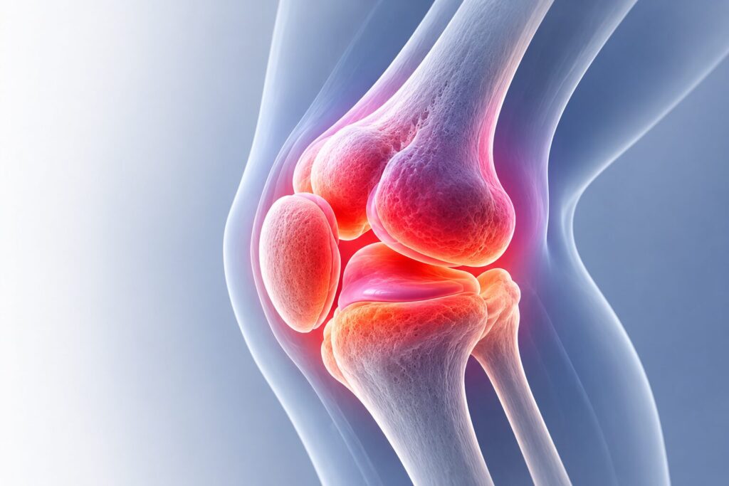 Scientific illustration of an inflamed knee joint showing inflammation, cartilage stress, and progressive joint damage associated with recurrent bleeding episodes in hemophilia and inherited bleeding disorders.