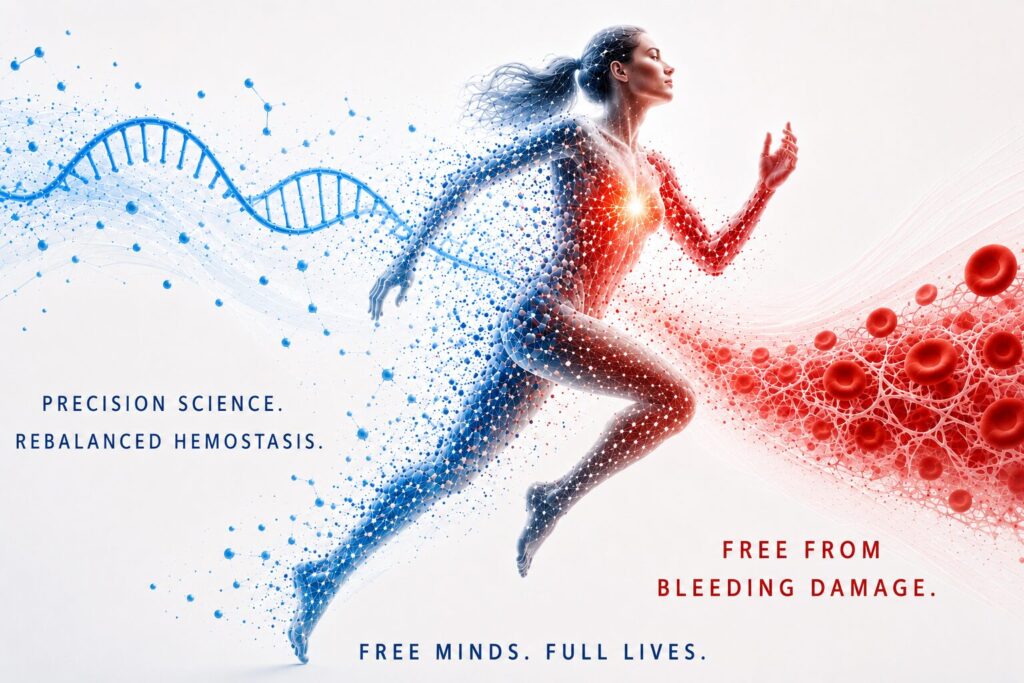 Conceptual scientific illustration representing RNA-based hemostatic rebalancing and freedom from bleeding damage.