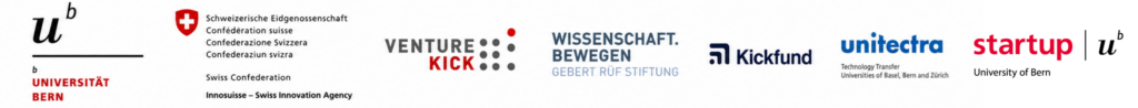 Logos of institutional and non-dilutive funding supporters of BLEEDnFIRE Therapeutics, including the University of Bern, Innosuisse, Venture Kick, Gebert Rüf Stiftung, Kickfund, Unitectra and Startup UniBE
