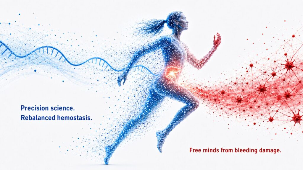 Abstract biotech illustration of a person running forward, with a blue siRNA strand flowing toward the liver and a red platelet network symbolizing rebalanced hemostasis.